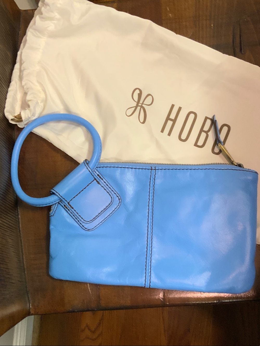 HOBO Sky Blue Leather Wristlet with Circular Handle